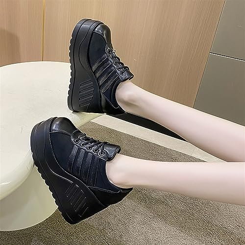 TOSOFT Black White Sneakers for Women Fashion Round Toe Lace-Up Platform Slope Heels Wedge Sports Walking Shoes (Color : Black, Size : 37)2