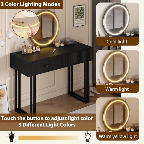 Black Vanity Desk with Mirror and Lights, Small Makeup Vanity with 2 Drawers, Modern Vanity Organizer with 3 Color Lights&Adjustable Brightness, Dressing Table for Bedroom