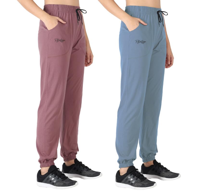 Image of Fflirtygo Cotton Solid Joggers /Track Pant /Solid Pajama /Leggings for Women Combo Pack of 2Pcs, Navy Blue and Light Blue