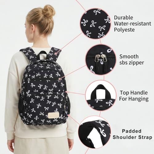 Image of PALAY 3PCS Sweet Stylish Girls Backpack Set with Bow Print, Cute Nylon School Backpack Shoulder Bag Zipper Pouch, Lightweight Casual Bookbag for School, Travel