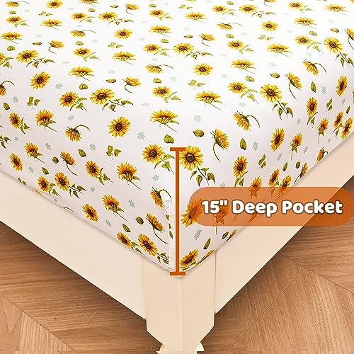 Image of Softan Floral Twin Size Sheet Set, Sunflower Printed Bed Sheets for Kids Girls, 3-Piece Microfiber Fitted Sheet with 15 inch Deep Pocket & Non-Slip Straps, Patterned Bedding Sheets & Pillowcase Set