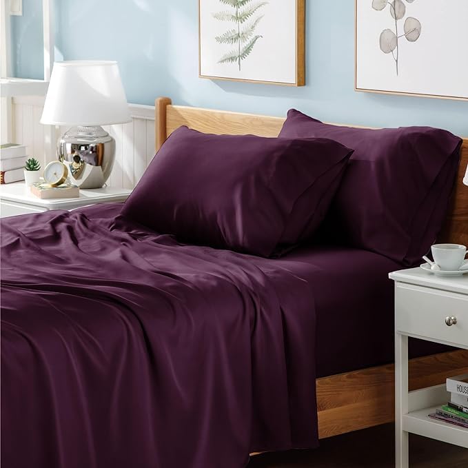 Prime Linens Flat Sheet Poly Cotton Percale Breathable Bed Top Sheet Wrinkle, Shrinkage and Fade Resistant Bed Sheets (Aubergine, Single(180Cm x 250Cm))