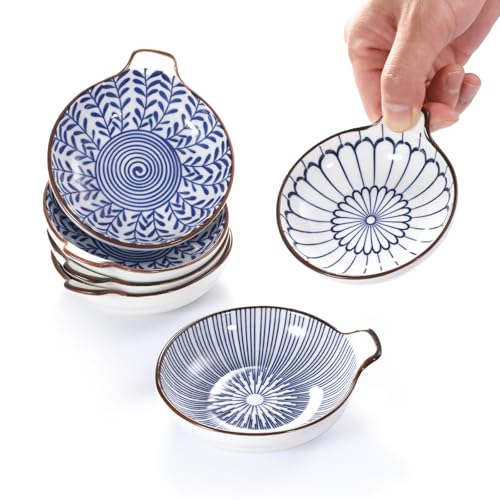 BEVIEVER Set de 6 cuencos pequeños de cerámica, 9,5 cm, cuencos para salsas con asa, platos para salsa de soja, acompañamientos, aperitivos, azul