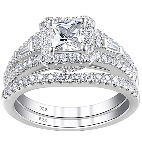 Newshe Wedding Engagement Rings Set for Women 925 Sterling Silver Princess Halo 5A CZ Anniversary Band Promise Bridal Size 7