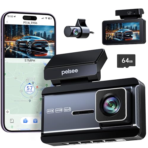 4K Dash Cam Front and Rear, 64GB SD Card, Pelsee 4K+1080P Dual Dash Camera for Cars with Wi-Fi, GPS,...