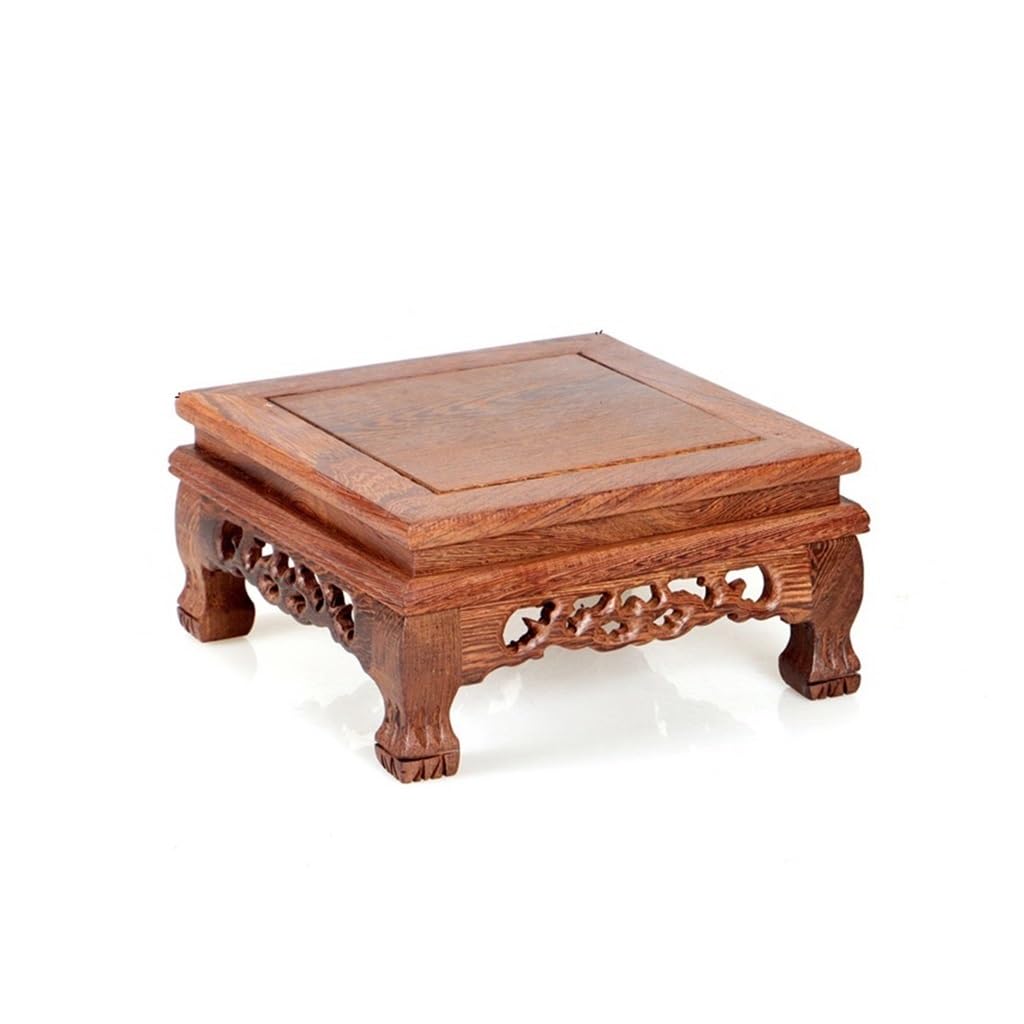 MPOPO Bonsai Pedestal Vintage Wooden Square Base Carved Vase Flower Pot Teapot Buddha Ornament Crafts Display Stand Home Office Decoration Vase Display Stands Pedestal Base(C)