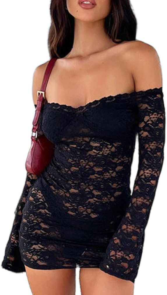 Women Sexy See Through Floral Lace Bodycon Mini Dress Y2k Skinny Long Sleeve Off Shoulder Mesh Lace Short Dress