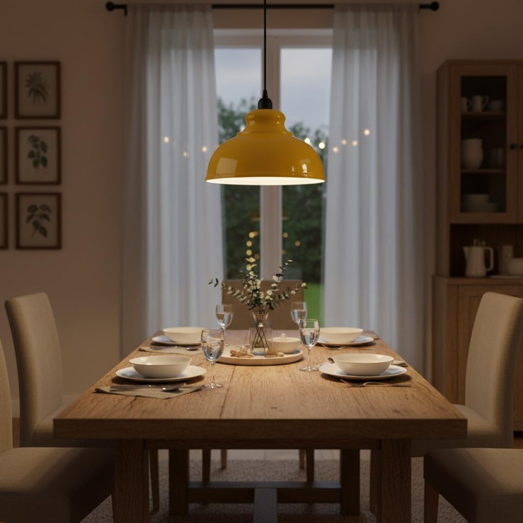 LEDSone Yellow Metal Dome Pendant Light Industrial Farmhouse Hanging Ceiling Fixture E26 Socket Adjustable Cord for Kitchen Island Dining Room Bar and Entryway (Yellow)