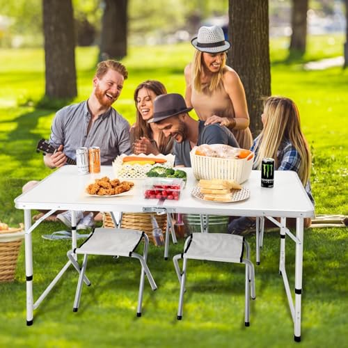 Image of Multipurpose Aluminium Folding Camping Table with 4 Oxford Chairs | Height Adjustable Space-Saving Lightweight Portable Table Set for Picnic, Hiking, Garden, Outdoor, Travel & Indoor Use.