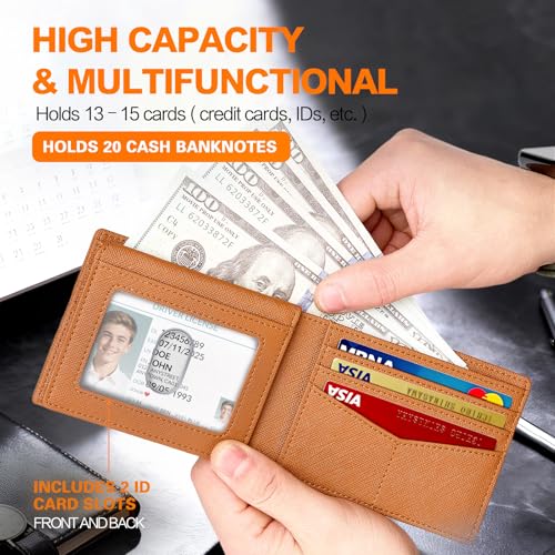 Image of Wallet for Men Slim RFID Blocking Bifold Carbon Fiber,Minimalist Small Compact Front Pocket Credit Card Holder,Thin Mens Leather Wallets Smart Security With 2 ID windows 1 Cash (Cross Brown)