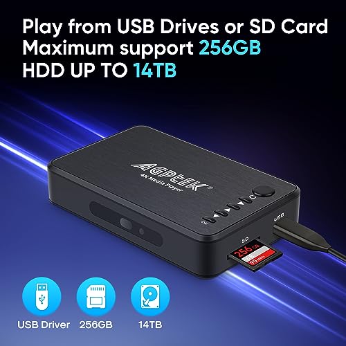 Image of AGPTEK Updated 4K@30hz HDMI TV Media Player with HDMI /AV /VGA Output, Digital MP4 Player for 14TB HDD / 256G USB Drive /SD Card /H.265 MP4, with Remote Control for MP3 AVI RMVB MPEG etc