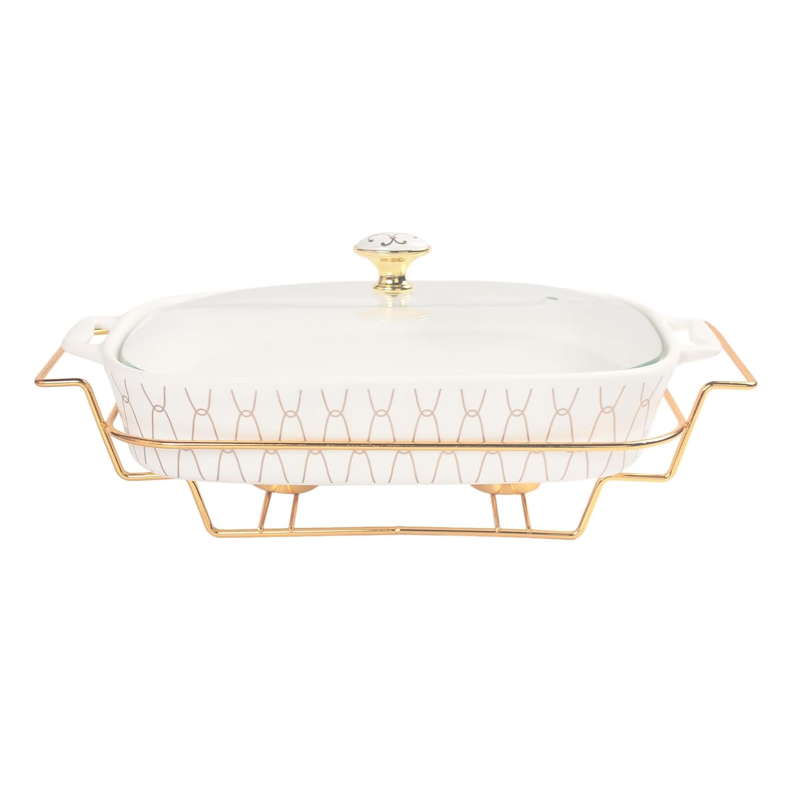 Cacerola Rectangular de Porcelana para Hornear con Tapa de Vidrio y Rejilla, Plato para Calentar Alimentos para bufé, Bandeja para conservar Alimentos, cazuela para Catering para f