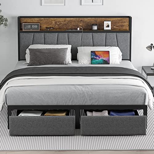 CIKUNASI Bed Frame with Headboard and Storage, King Size Platform Bed Frame with Drawers Storage Chargin Station LED Light Bedframe King Size, Heavy Duty, No Box Spring Needed
