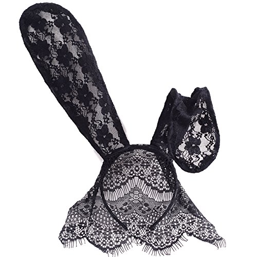 Rabbit Ears Headband sexy Rabbit Ears Black Lace Mask Veil Hair Accessories -Nightclubs & Masquerade & Halloween & Christmas (Black)