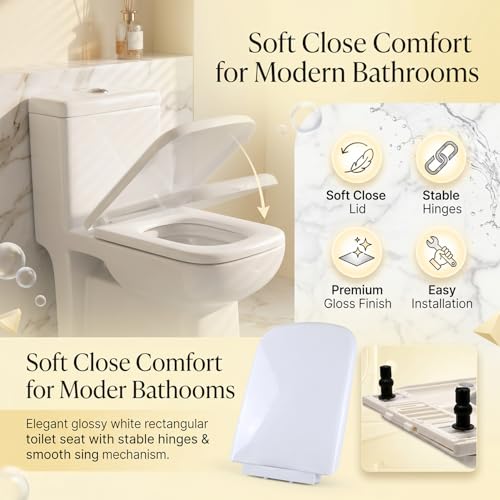Image of ELEGANT CASA Polypropylene Soft Closing Toilet Seat /Western Toilet Seats Cover for Bathroom /Seat for Commode with Stable Hinges-Rectangular Shape Design Colour (Glossy White)-1 Set