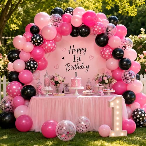 Image of TONIFUL 100 Pack Black and Pink Polka Dot Latex Balloons for Girl's Birthday Bachelorette Bridal Baby Shower Graduation Engagement Girls Night Rock Party Decor