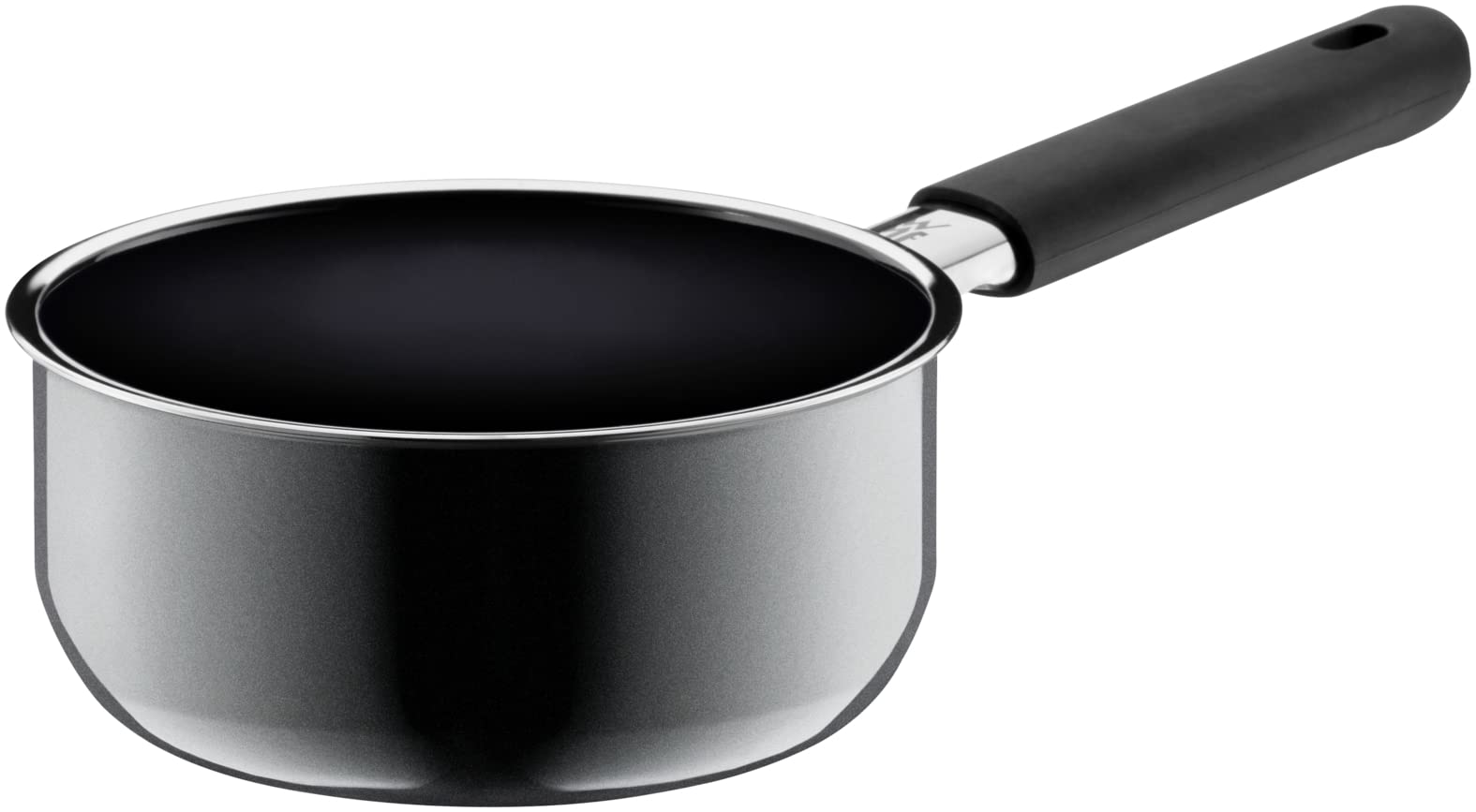 WMF Fusiontec Mineral Stielkasserolle mit Glasdeckel 16 cm, Kochtopf klein 1,3l, Induktion, High-Tech Keramik, Silikonhülle, kratzfest, grau