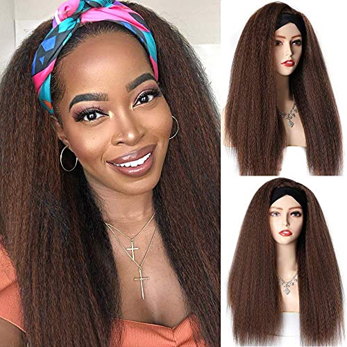 Yaki Straight Headband Wigs for Women 24 inches Brown Color Long Synthetic Hair Headband Wigs Yaki Straight Wig for Daily Use