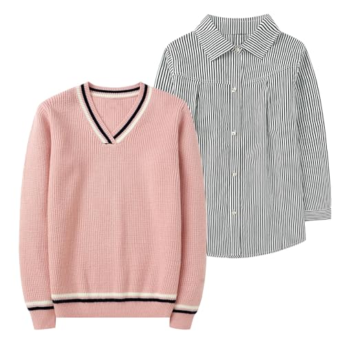 Image of LittleSpring 2-Piece Kids V-Neck Sweater and Long Sleeve Button Down Striped Shirt Set