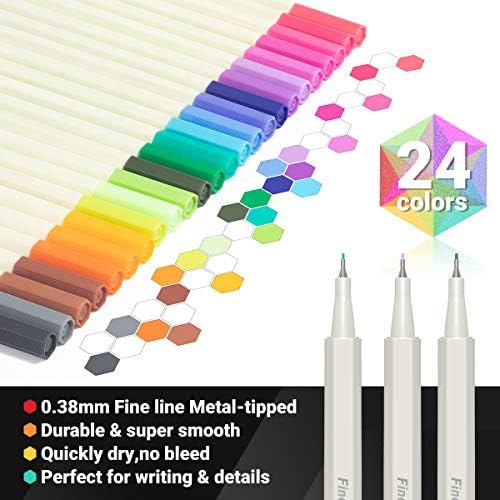 APOGO Fineliner Pens 24 Colour No Bleed Fine Line Pen 0.38mm, Fine Liners for Bullet Journaling Note, Art Supplies, Scribbles, Sketch Writing, Comics and Bible Journaling Supplies