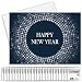 New Year Greeting Cards - N1603. Greeting Cards Featuring Happy New Year Surrounded by Geometric Shapes. Box Set Has 25 Greeting Cards and 26 White with Silver Foil Lined Envelopes.