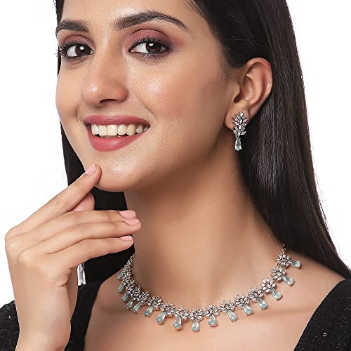 Image of ZENEME Rhodium-Plated American Diamond Necklace Set with Earrings for Girls Silver Toned Floral AD Jewellery Set For Womens