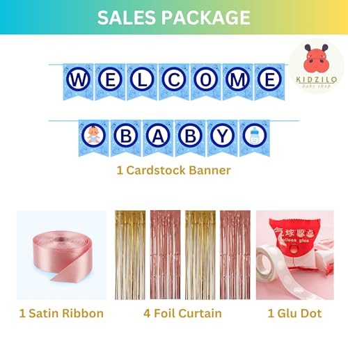 Image of 57 Pcs Welcome Baby Boy Decoration Kit | Balloons, Banner, Curtains, Foils, Stars, Hearts, Ribbon & Confetti for Baby Shower & Newborn Celebration Set 02