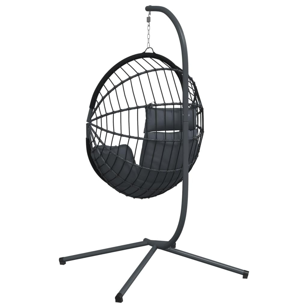 Silla colgante con diseño de huevo con estructura de acero y ratán en color antracita, 104 x 100 x 197 cm, con cojín extraíble para balcón, terraza y exterior para relajarse y columpiarse
