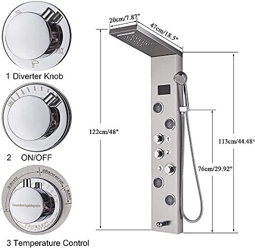 Sistema de columna de ducha para baño con pantalla LED de temperatura y jets de masaje en acabado níquel cepillado miniatura 6