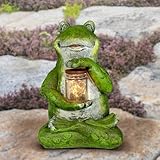 Exhart Garden Sculpture, Frog Solar Garden Statue with Glass Jar, 8 LED Firefly Lights, Outdoor Garden Decoration, 7 x 6 x 11 Inch