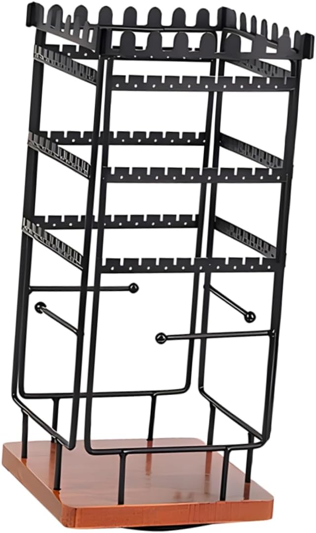 Vintage Solid Wood Rotatable Jewelry Organizer Stand with Four Sided Metal Display Stable Base Earring Holder and Necklace Rack for Vanity Store and Home Use