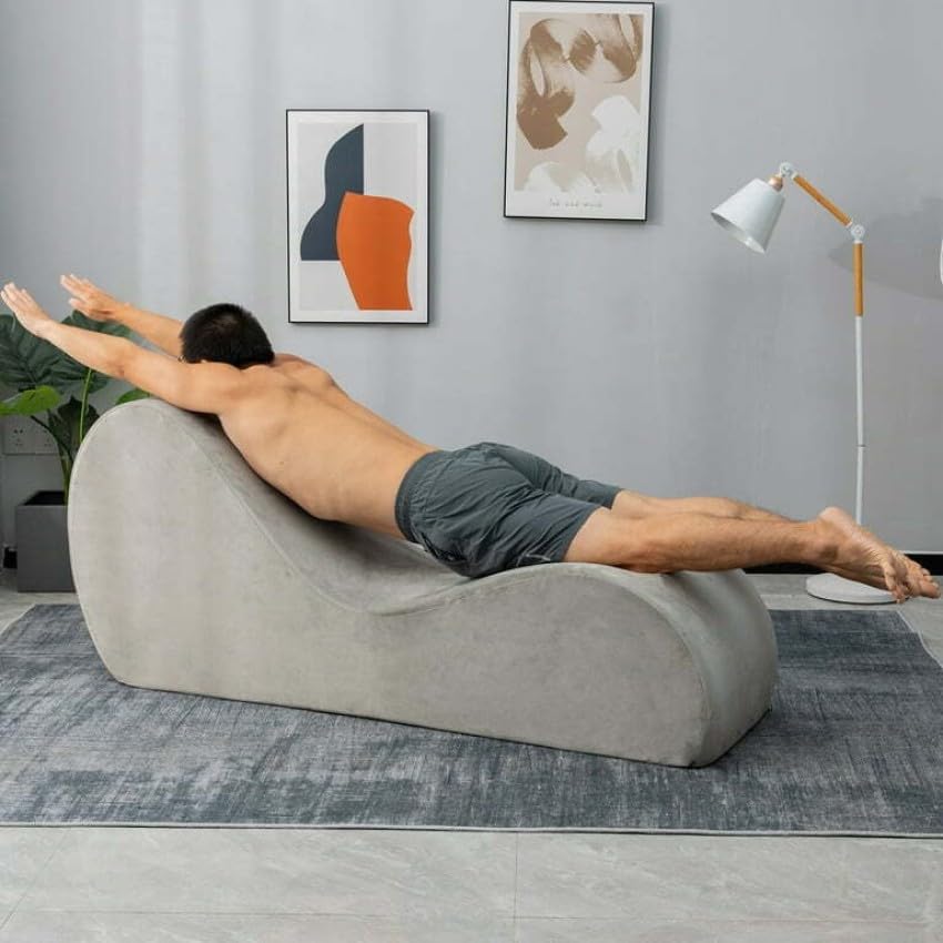 Image of SOUL CRAFT Sheesham Wood Leatherate Tantric Chaise Loung Chair, Yoga Chaise Lounge,Chaise Sofa Modern Lounge,Relaxing Chaise Lounge Chair, loveseats and chaises with Cushion (Grey)