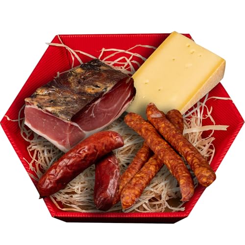 WURSTBARON® Bergsteiger Jause Paket mit Südiroler Speck, Präsentkorb mit mit Käse, Schmankerl Set mit Kaminwurzen und Pfefferbeisser