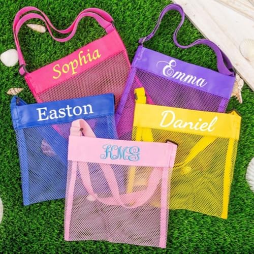 Personalized Seashell Mesh Bag,Embroidered Kids Beach Bag,Beach Shell Bags,Custom Shell Collecting Mesh Tote,Party Favor Bag2