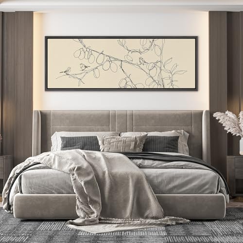 Image of MUDECOR Large Framed Canvas Print Wall Art Simple Line Art Birds on Branch Botanical Minimalist Antique Retro Ready to Hang Painting for Living Room Bedroom Multi-Sizes - 60 inchx20 inch