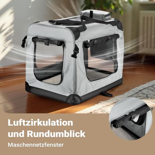 Fudajo Faltbare Transportbox für Hunde, Katzen M (60x42x44cm), robust, leicht, sicher, Hundebox mit Tragegriff und Decke, Grau