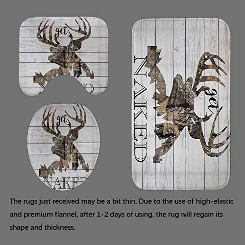 Skailié 4Pcs Rustic Deer Shower Curtain Set, Double Exposure White Wood Planks Camo Woodland Elk Moose Wildlife Hunting Cabin Lodge Country Farmhouse Bathroom Decor, Non-Slip Bath Rugs, Funny Quotes #TOP3
