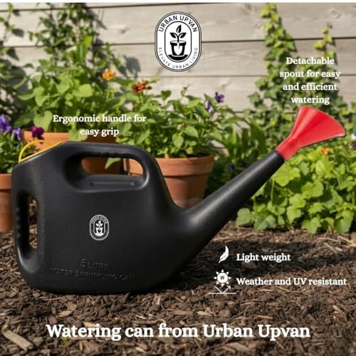 Image of Urban Upvan Plastic Watering Can 5L | Ergonomic Handle for Comfortable Grip | Fade Resistant, Lightweight & Easy to Use | Durable | Includes Sprinkler Spout | Black