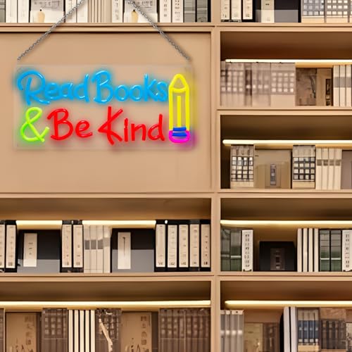Image of Read Books Be Kind Neon Sign for Wall Decor Dimmable Read Books Neon Light for Classroom LED USB Classroom Sign for Bookstore Library Museum Study Room Christmas Birthday Gift Size 14.2In*7.1In
