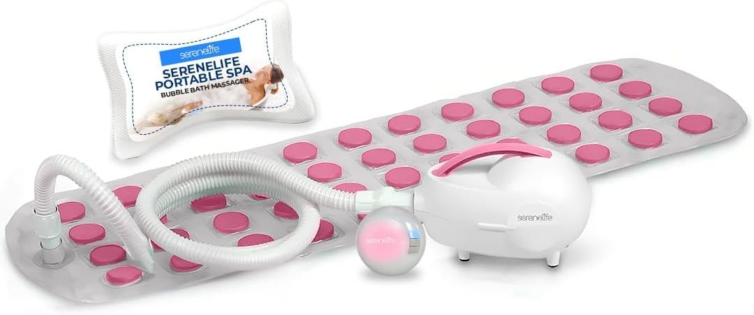 SereneLife Bubble Bath Mat - Portable Spa Bubble Bath Massager with Waterproof Bath Light & Pillow, Adjustable Bubble Intensity, Easy Button Control, Remote Control (Pink)