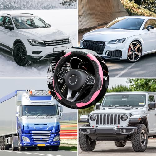 Image of Osilly Car Steering Wheel Cover, 15 inch Carbon Fiber Microfiber PU Leather Elastic Steering Wheel Protector for Men Women, Anti-Slip Breathable Car Interior Accessories for Most Cars (Pink)