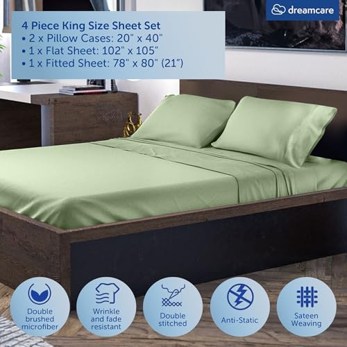 Image of DREAMCARE King Size Sheets Set - 4 pcs Breathable Cooling Sheets - up to 21 inch Extra Deep Pocket King Sheet Set with Side Pockets - Extra Soft 100% Brushed Hypoallergenic Hotel Luxury Bedding Sage Green