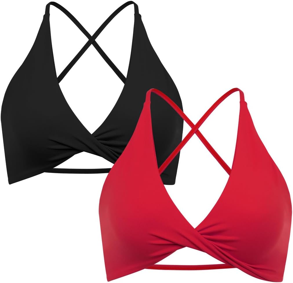 SUUKSESS Women 2 Piece Open Back Strappy Sports Bra Pack Twist V Neck Workout Crops - Image 2