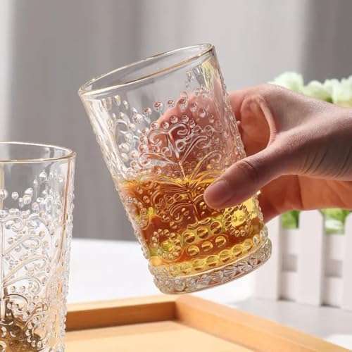 Image of PrimeWorld Romantic Embossed Water Glasses Set of 6 - 350ml | Vintage Clear Drinking Glass Tumblers for Juice, Whisky, Beer, Cocktails & Beverages