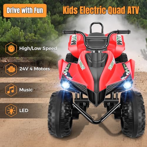 Image of Hikole XL 24V ATV, 4 Wheelers for Kids Ages 6-14, 2 Seater, Red | Iron Frame, 4X100 Power Motor, 24'' Spacious Seat, Spring Suspension, Music & LED Lights