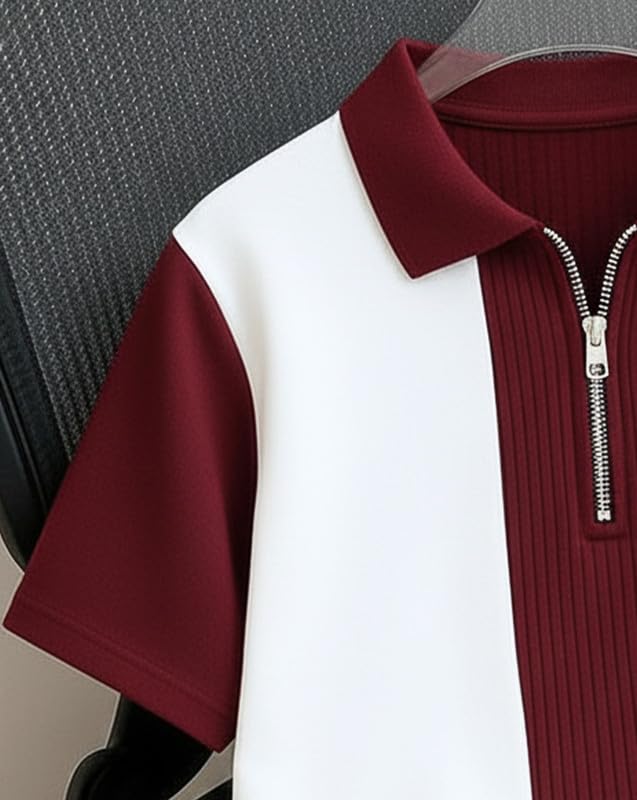 Image of AUSK Men's Textured Vertical Striped Knit Polo T-Shirt | Half Sleeve Zipper Neck Self-Design Casual Tee | Mens Tshirts
