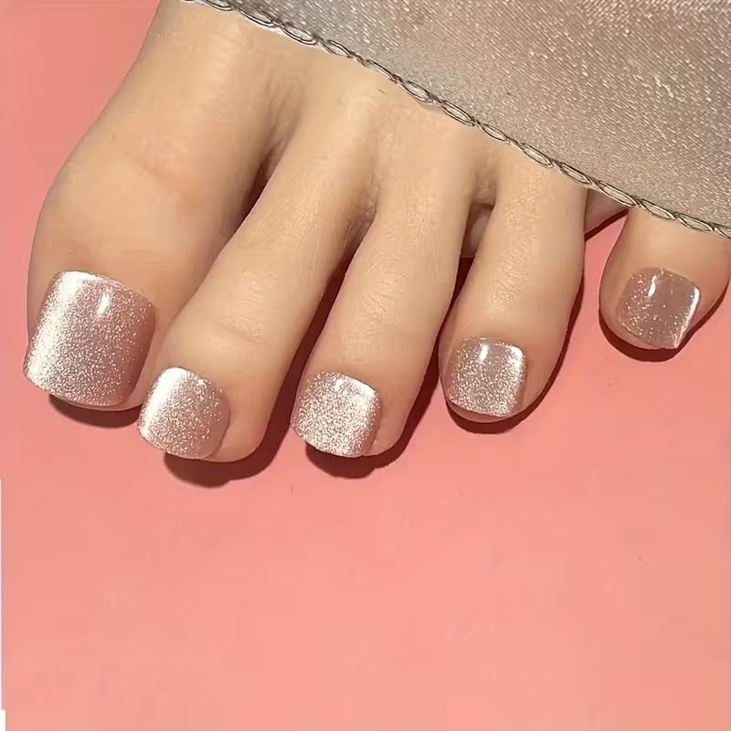 24 Pcs Peach Gold Glitter Press On Toe Nails Short Square Artificial Nails Glossy Fake Toenails Set for Women Nail Art Kit-image-2