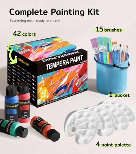TMOL Washable Paint for Kids 42 Colors,Non-Toxic, Safe & Washable for Toddlers, Tempera Paint with Brushes, Palette & Bucket, School Project Art Supplies — view 2