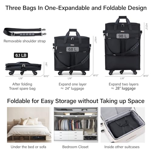 Image of Hanke Expandable Foldable Suitcase Luggage Rolling Travel Bag Duffel Tote Bag for Men Women Lightweight Carry-on Suitcase Large Capacity Luggage with Universal Wheel(Black)