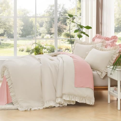 Image of Litanika Comforter Full Size Set Beige, 3 Pieces Ruffle Lightweight Bedding Comforter Set, Fluffy Bed Set (79x90In Comforter, 2 Pillowcases)